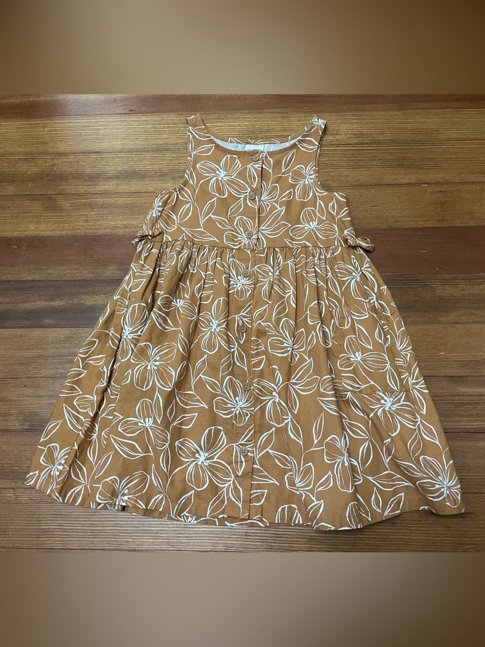 Sleeveless Brown Organic Cotton Linen Blend Sundress with White Flowers Size 7
